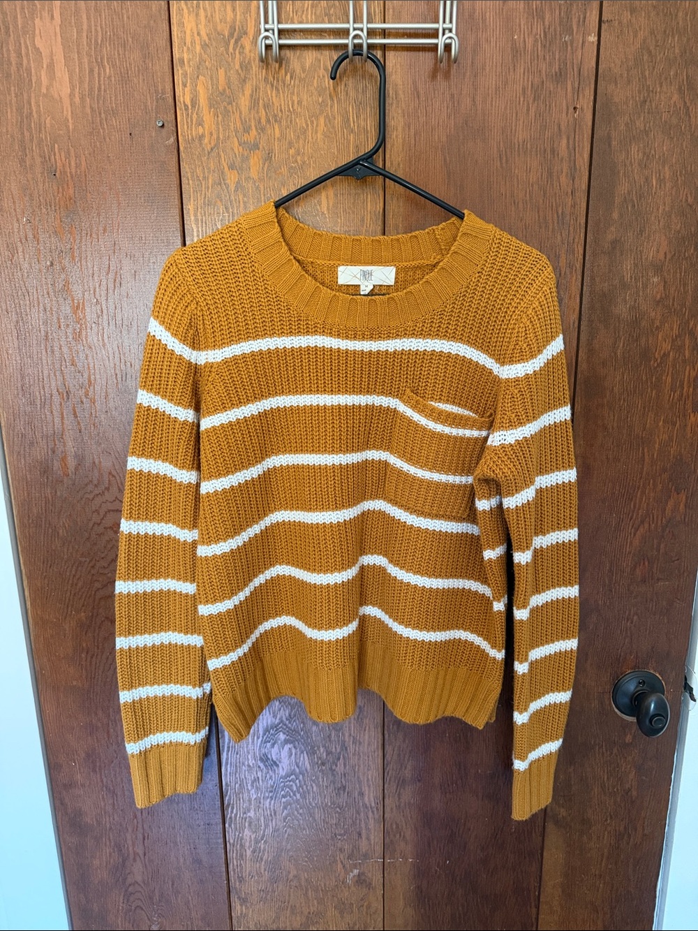 Striped Mustard Crewneck Sweater with White Accent - Women
